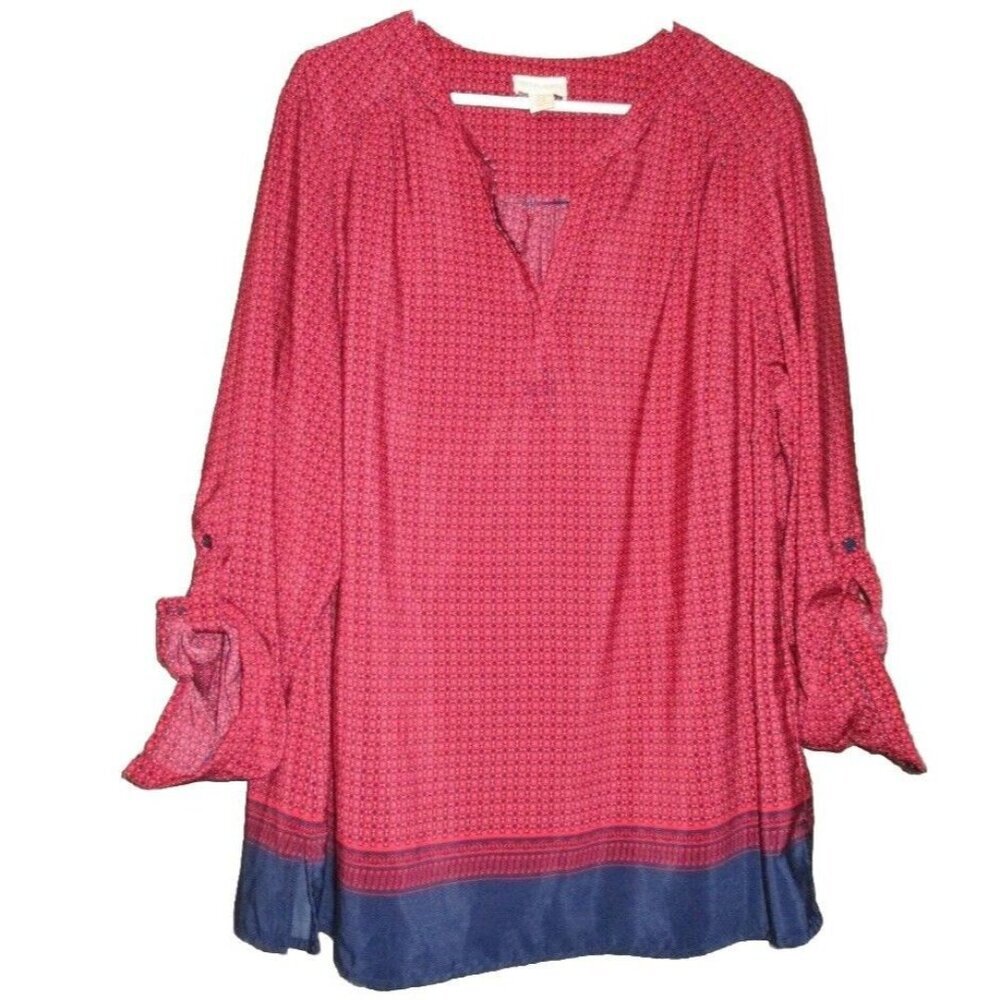 Lucy & Laurel‎ Tunic Top 3X Womans Blouse Red Navy Fisherman Roll Tab Sleeve